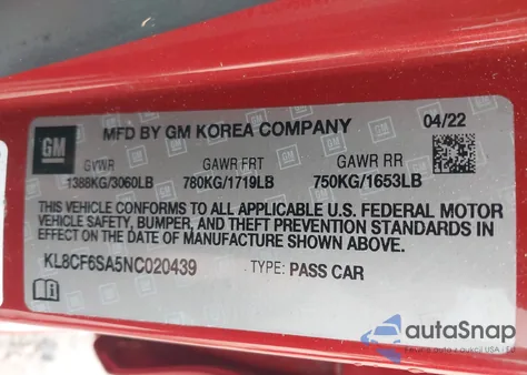 2022 Chevrolet Spark Fwd 2Lt Automatic z USA, uszkodzony, nr VIN KL8CF6SA5NC020439